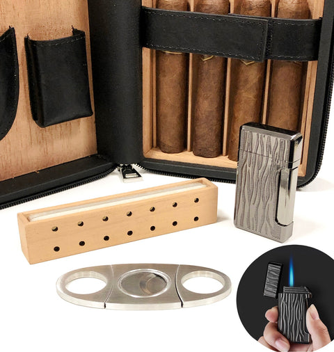4–8 Cigar Travel Humidor Set – Black (Includes Humidifier, Cutter, Lighter & Zipper Closure)