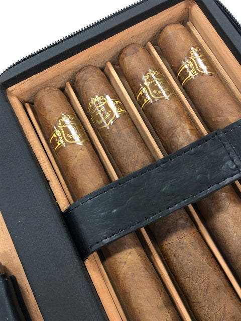 4–8 Cigar Travel Humidor Set – Black (Includes Humidifier, Cutter, Lighter & Zipper Closure)