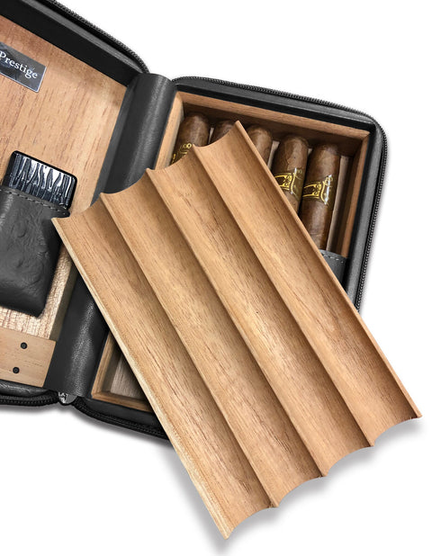4–8 Cigar Travel Humidor Set – Black (Includes Humidifier, Cutter, Lighter & Zipper Closure)