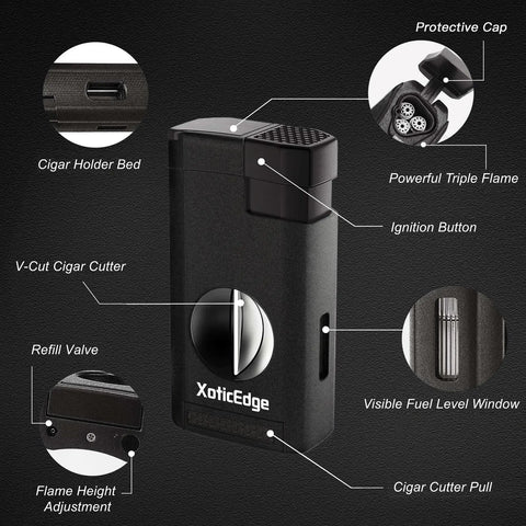 The Lumina Triple Torch Lighter with V-Cut – Black Stone