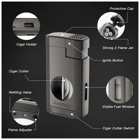 The Lumina Triple Torch Lighter with V-Cut – Black Stone