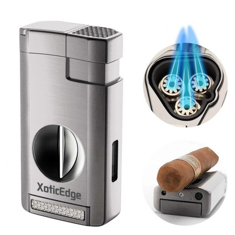 Triple Torch Lighter with Onboard V-Cut Cigar Cutter Silver