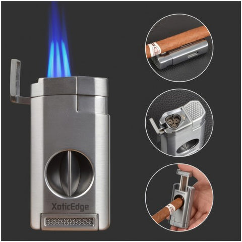 Triple Torch Lighter with Onboard V-Cut Cigar Cutter Silver