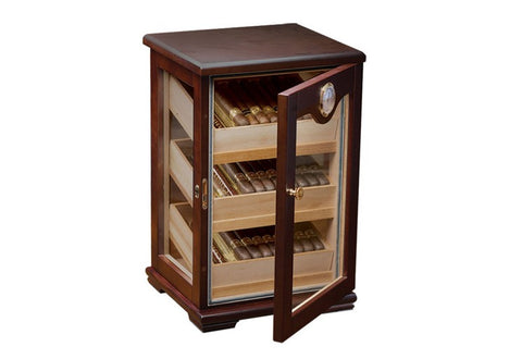 Milano Dark Mahogany Countertop Cigar Humidor – 125 Ct. Capacity w/ 360° Glass Display & Angled Trays