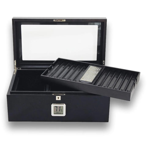 Dakota Black Glass-Top Humidor – 120 Cigar Capacity with Polished Chrome Accents