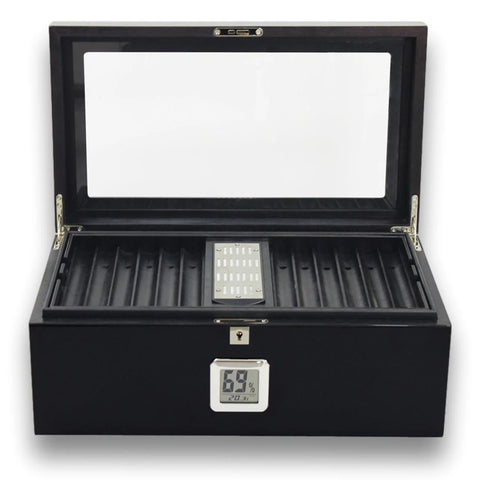 Dakota Black Glass-Top Humidor – 120 Cigar Capacity with Polished Chrome Accents